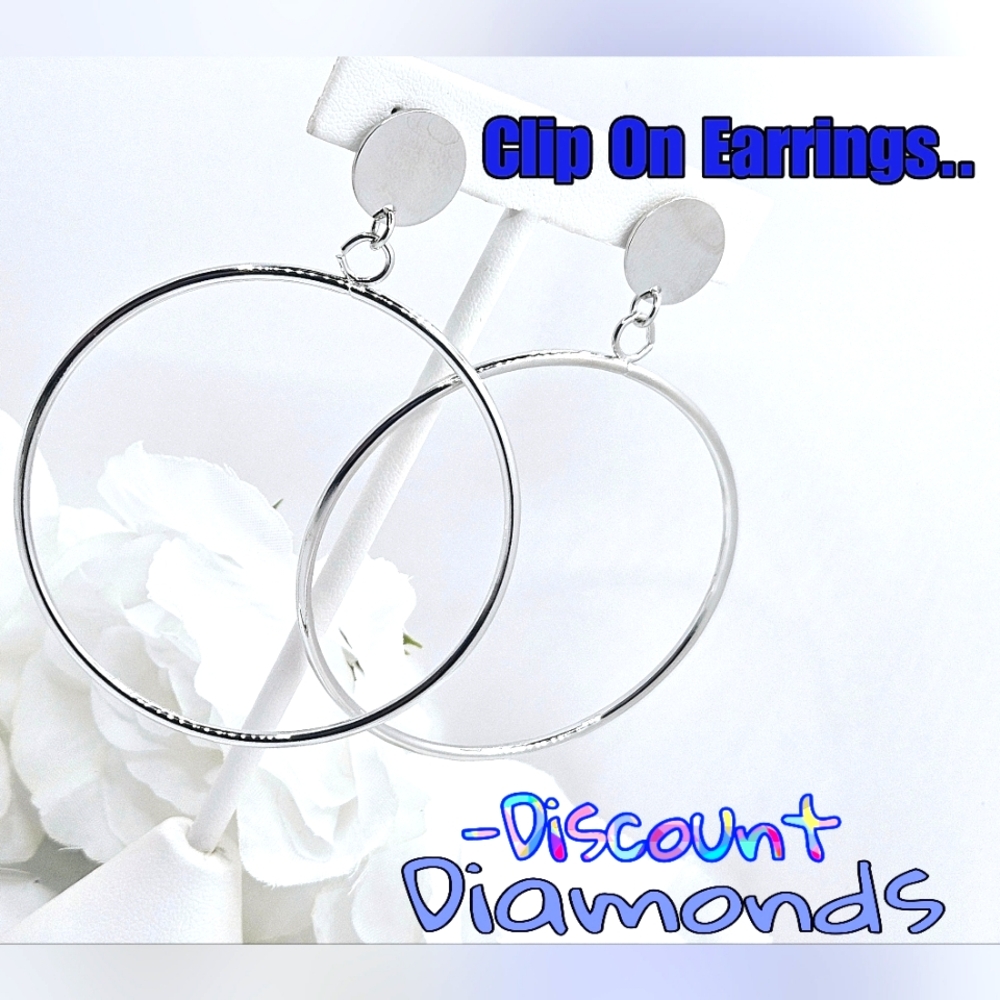 CLIP ONS  Silver Dangle Hoop Earrings